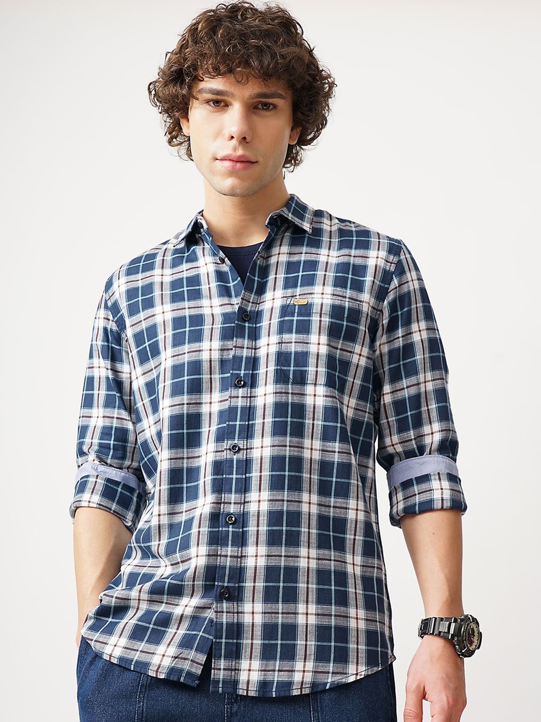 

Genoa Men Classic Slim Fit Tartan Checks Opaque Checked Casual Shirt, Navy blue