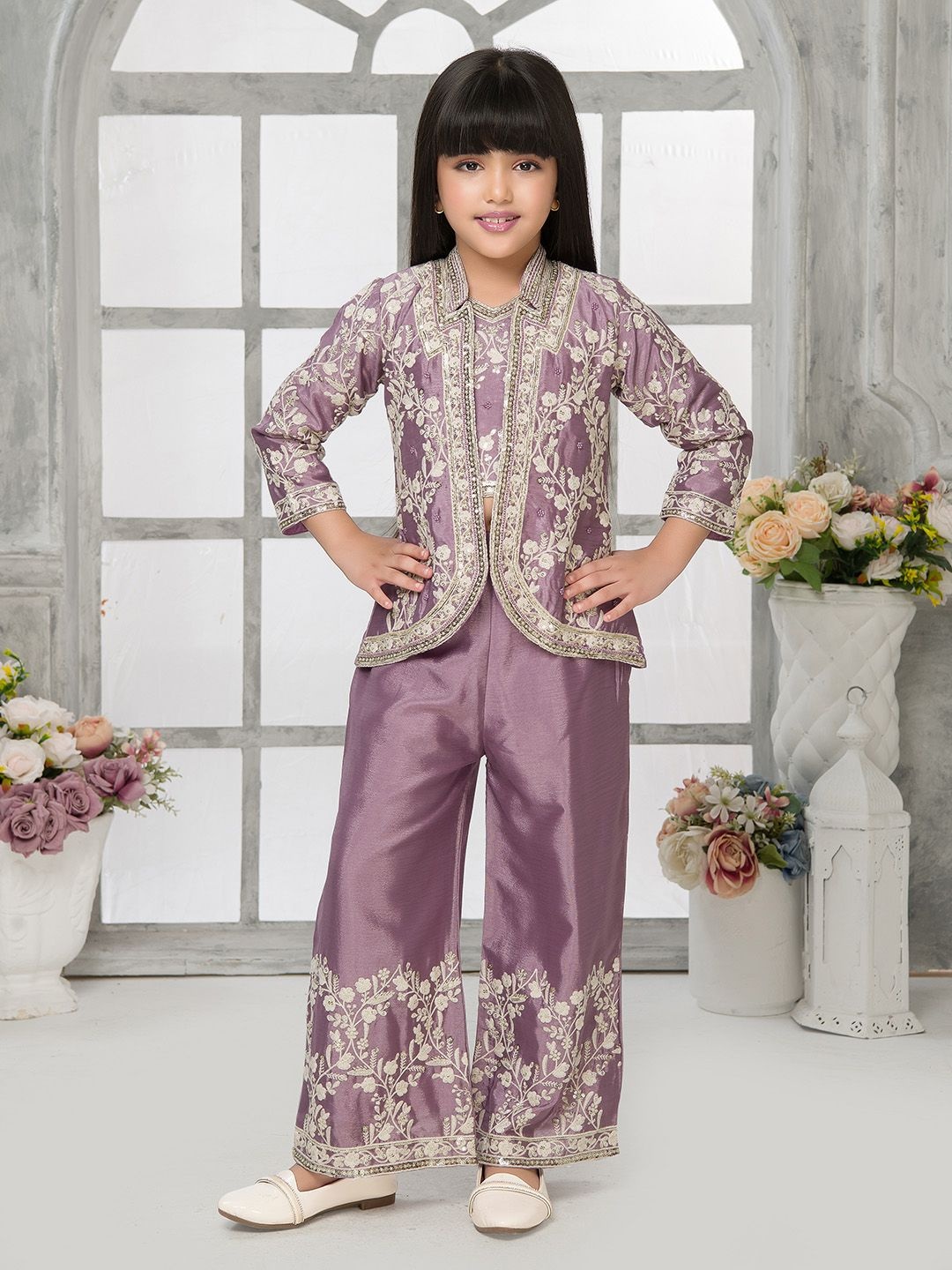 

Tiny Kingdom Girls Floral Embroidered V-Neck Sequinned Top With Palazzo & Jacket, Lavender