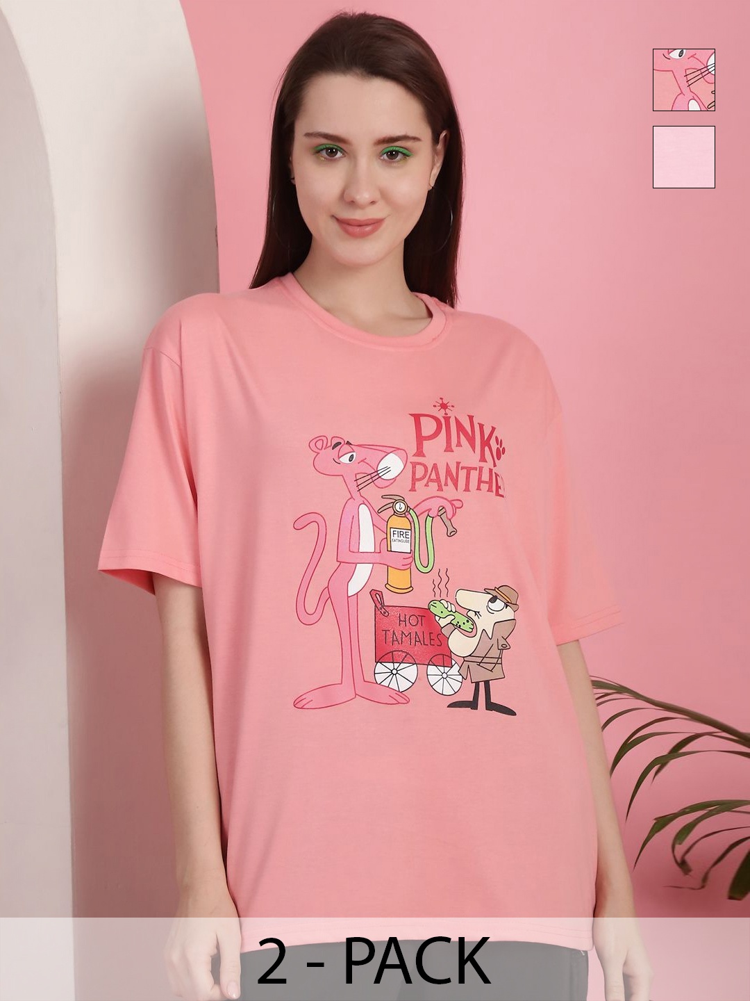 

GLOBAL NOMAD Women Pack Of 2 Graphic Printed Round Neck Cotton Oversized T-shirts, Peach
