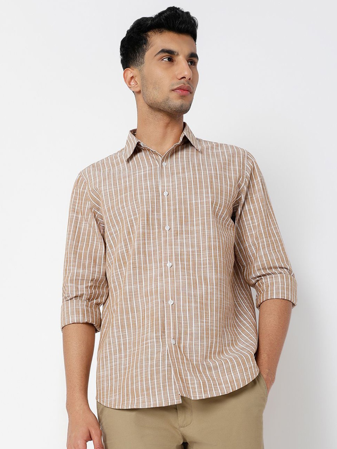 

MARK & ALBERT Men India Slim Fit Spread Collar Vertical Striped Casual Shirt, Brown