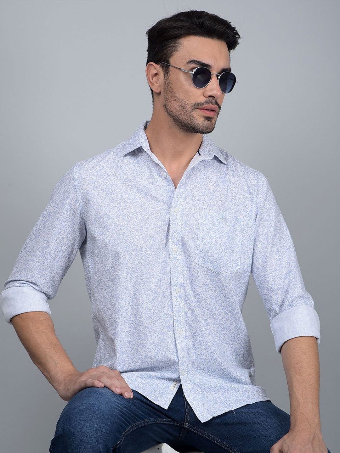 

Crimsoune Club Men Classic Fit Spread Collar Floral Printed Cotton Casual Shirt, Blue