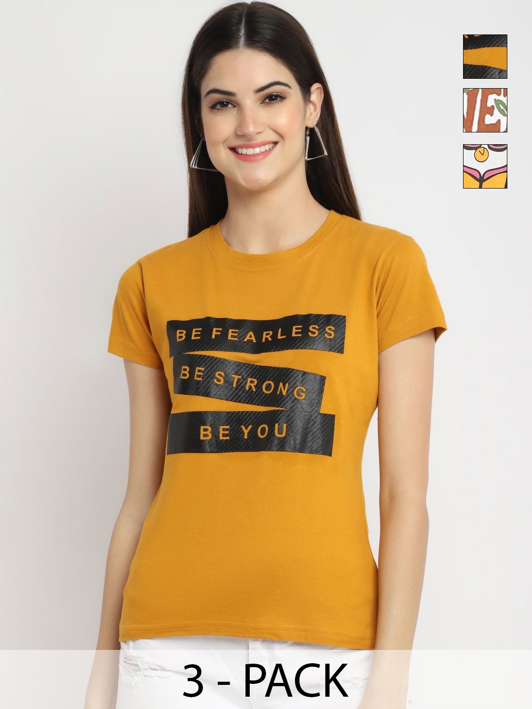 

Dreambe Women Pack of 3 Typography Printed Round Neck Cotton T-shirts, Mustard