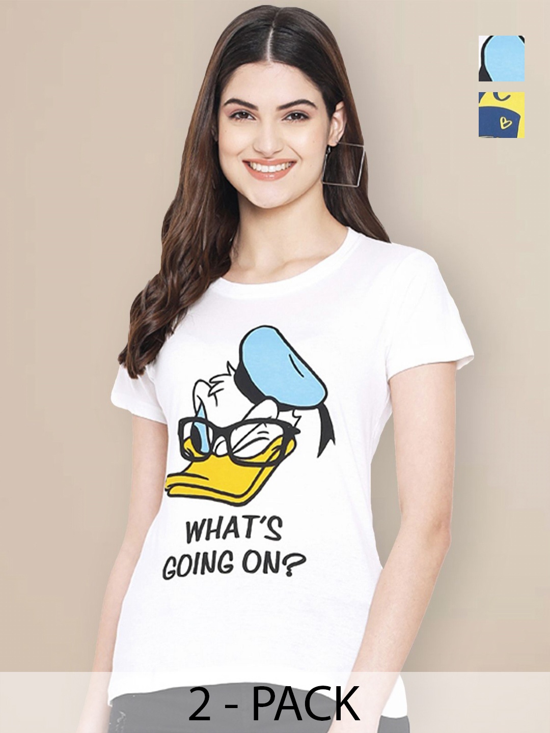 

GLOBAL NOMAD Pack Of 2 Typography Donald Duck Printed Cotton T-shirt, White