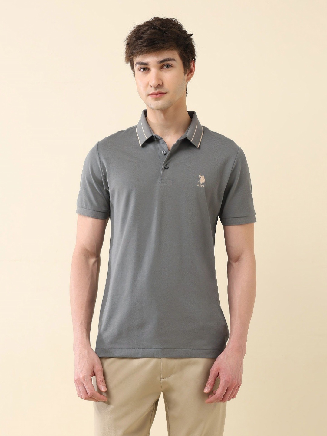 

U.S. Polo Assn. Men Solid Polo Collar Cotton Slim Fit T-shirt, Green