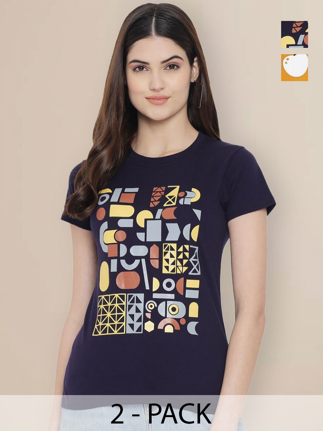 

GLOBAL NOMAD Women Pack of 2 Geometric Printed Round Neck Cotton T-shirts, Navy blue