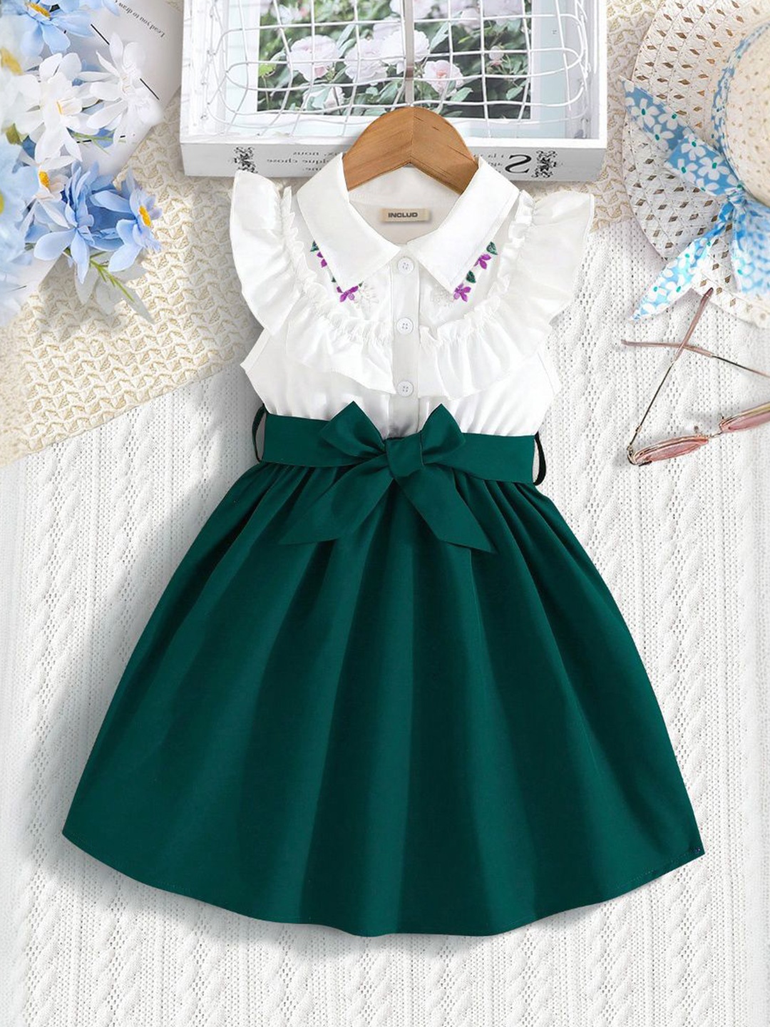 

INCLUD Girls Embroidered Bow Detail Fit & Flare Dress, Green