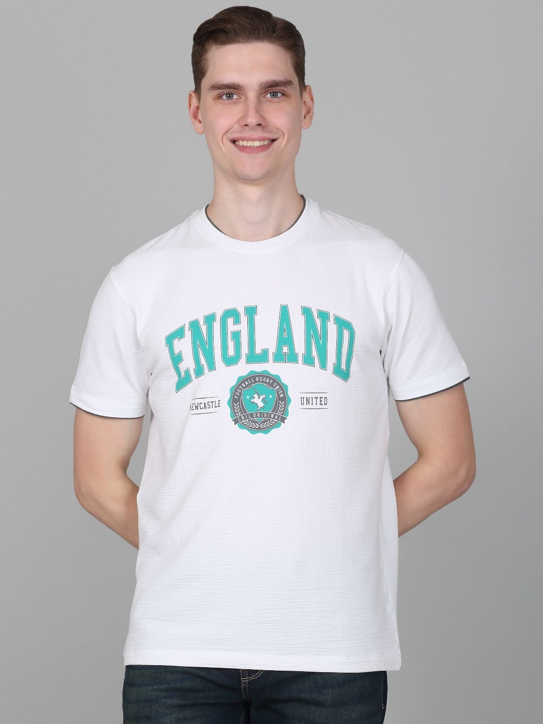 

Cantabil Men Typography Printed Round Neck Cotton T-shirt, Off white