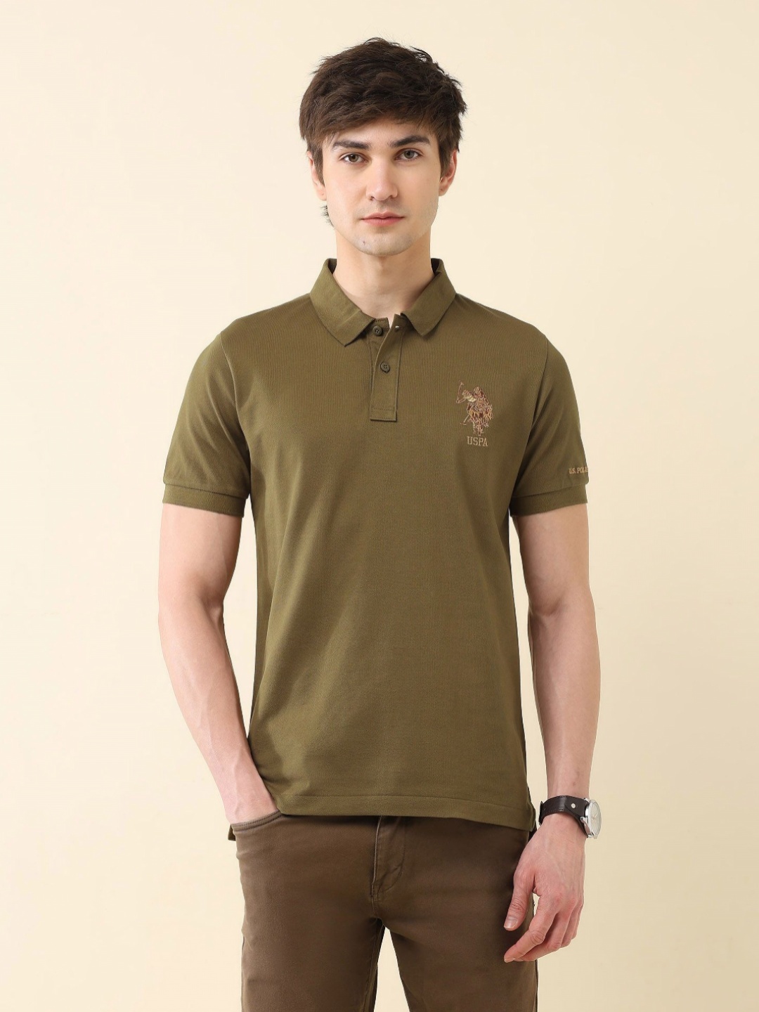 

U.S. Polo Assn. Men Solid Polo Collar Cotton Slim Fit T-shirt, Green