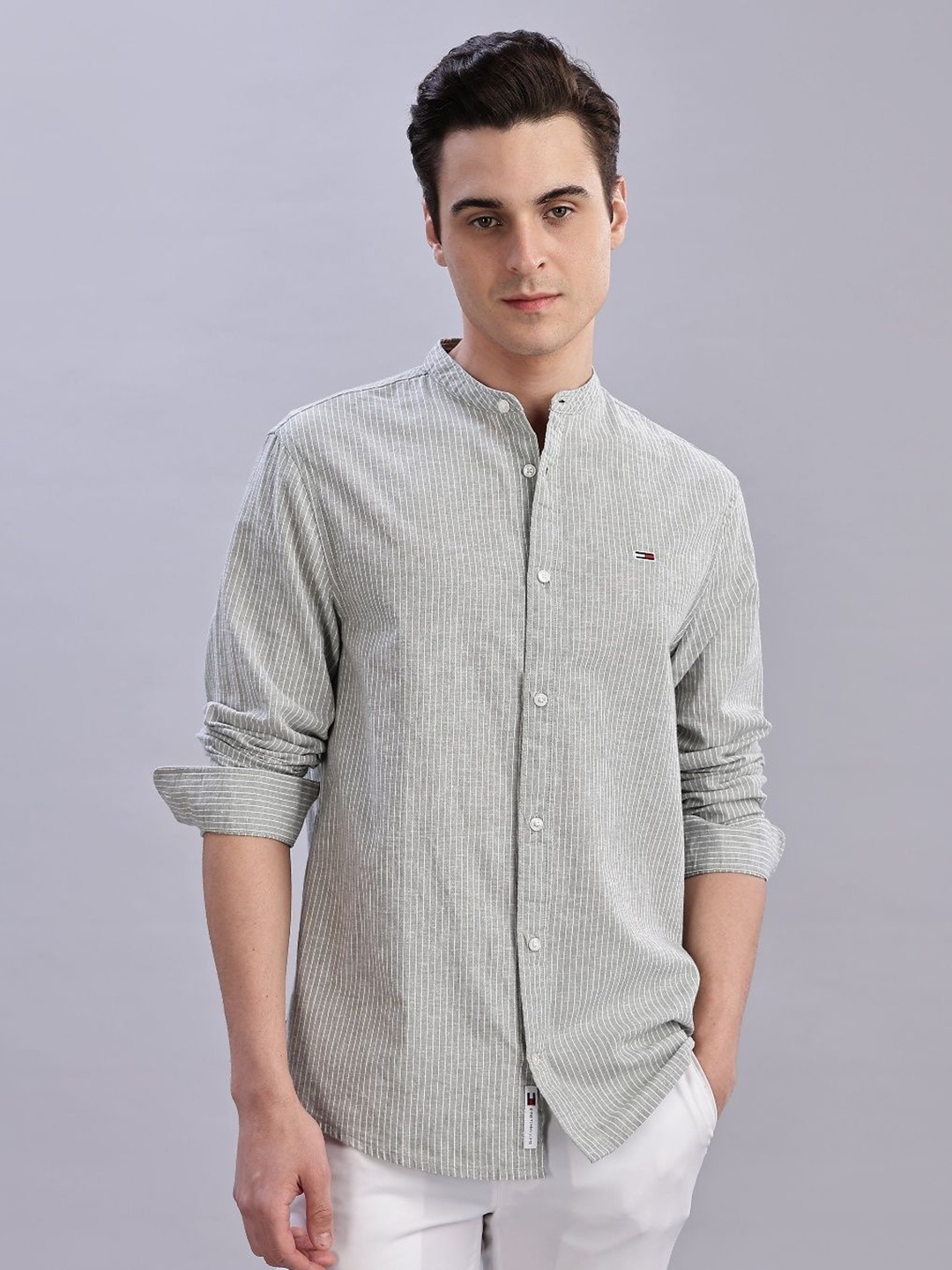 

Tommy Hilfiger Men Band Collar Pinstripes Striped Cotton Casual Shirt, Olive