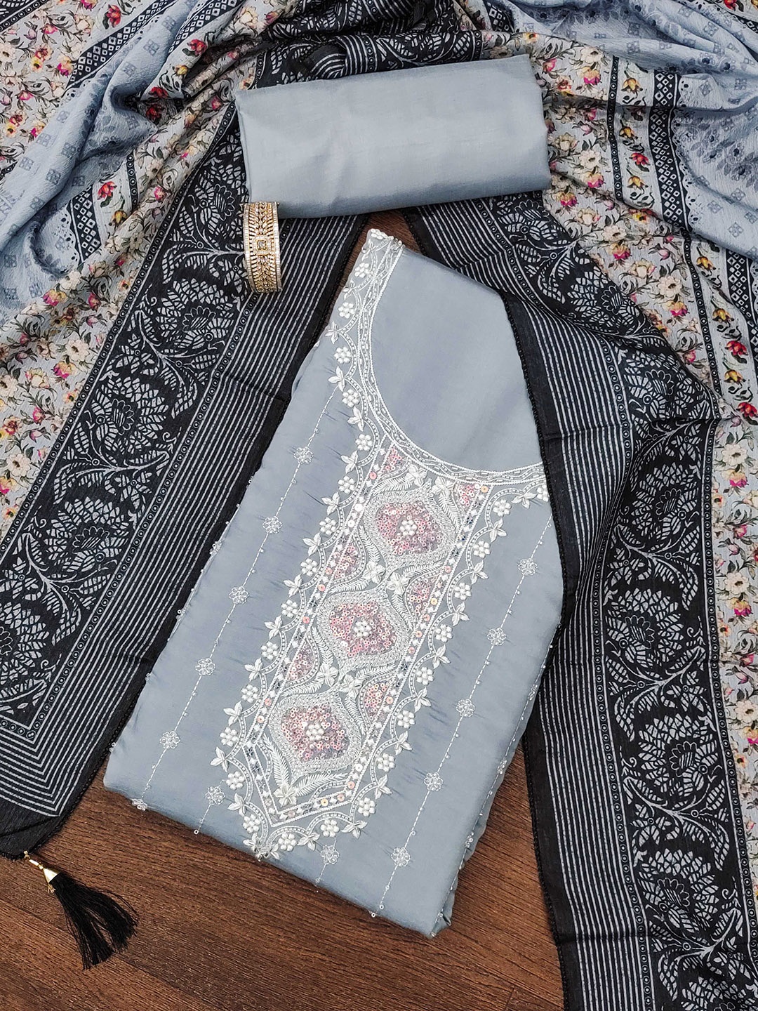 

SHADOW & SAINING Floral Embroidered Pure Silk Semi-Stitched Dress Material, Grey