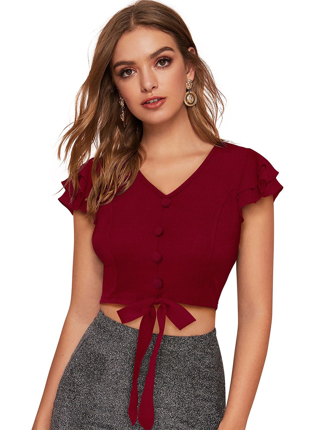 

S.K.C Women V-Neck Flutter Sleeves Crop Fitted Top, Maroon