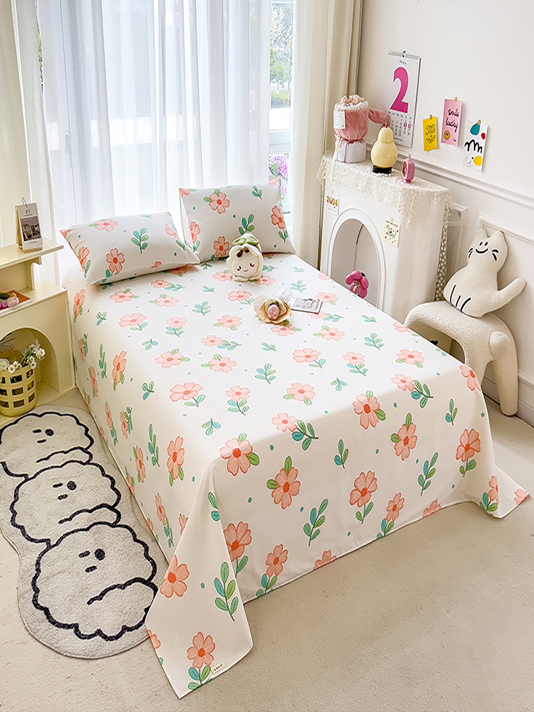 

JC HOME White & Orange Floral 140 TC Queen Bedsheet with 2 Pillow Covers