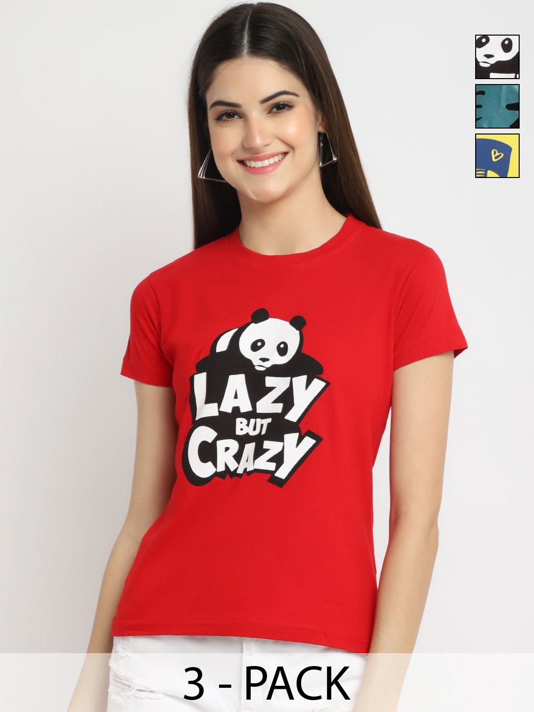 

Dreambe Women Pack of 3 Typography Printed Round Neck Cotton T-shirts, Red