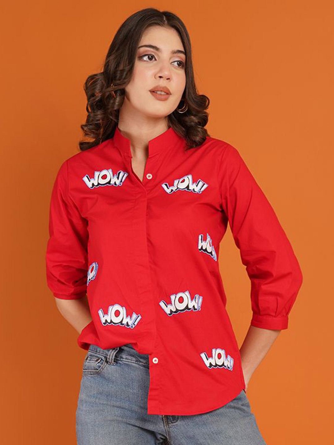 

Kalaloom Women Classic Fit Mandarin Collar Graphic Printed Cotton Casual Shirt, Red
