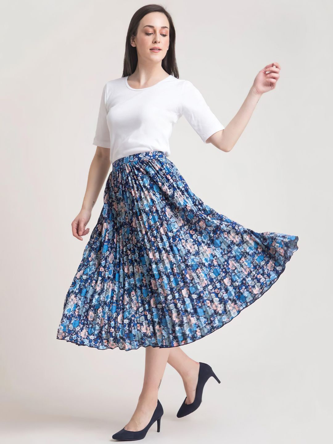 

ZWERLON Women Floral Printed Pleated A-Line Midi Skirt, Blue