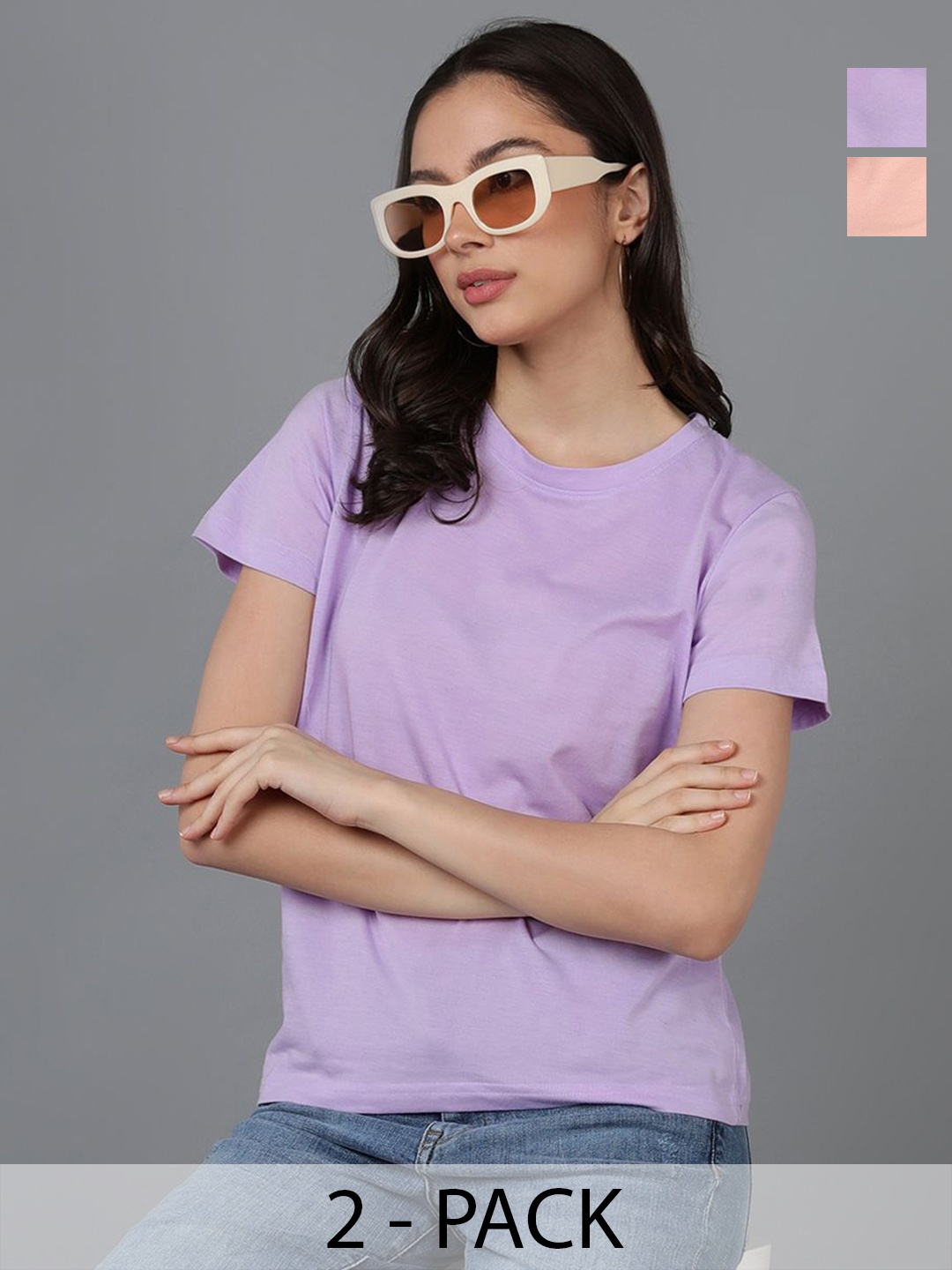

Adyavastram Women Pack Of 2 Solid Round Neck Cotton T-shirts, Purple