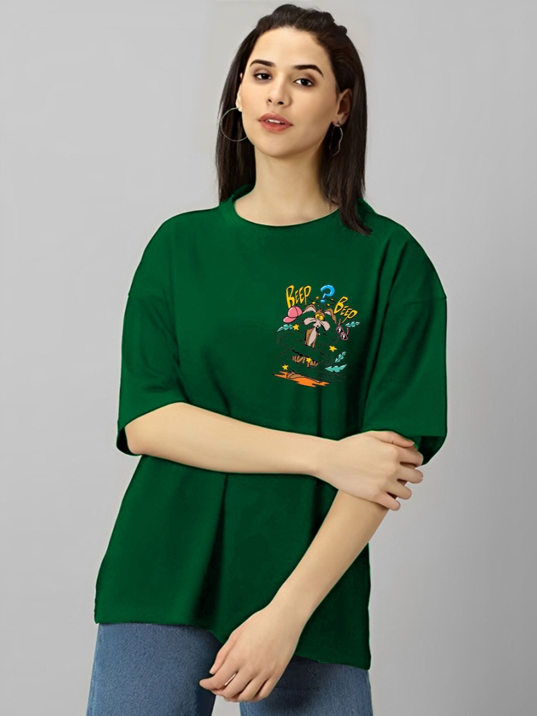 

LECOWAR Women Graphic Printed Round Neck Cotton Oversized T-shirt, Green