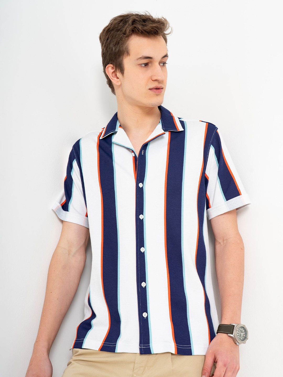 

Genoa Men Classic Slim Fit Opaque Striped Casual Shirt, White