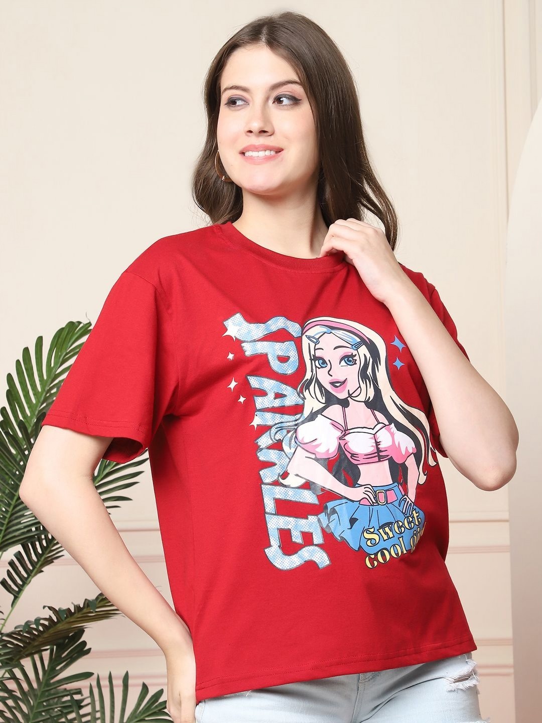 

Metronaut Women Graphic Printed Round Neck Cotton Oversized T-shirt, Red