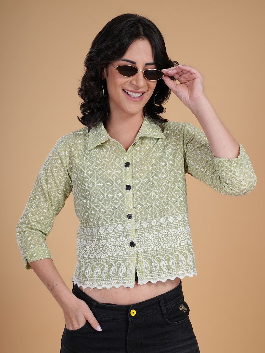 

LILY BUDS Women Standard Boxy Fit Spread Collar Geometric Printed Cotton Casual Shirt, Green