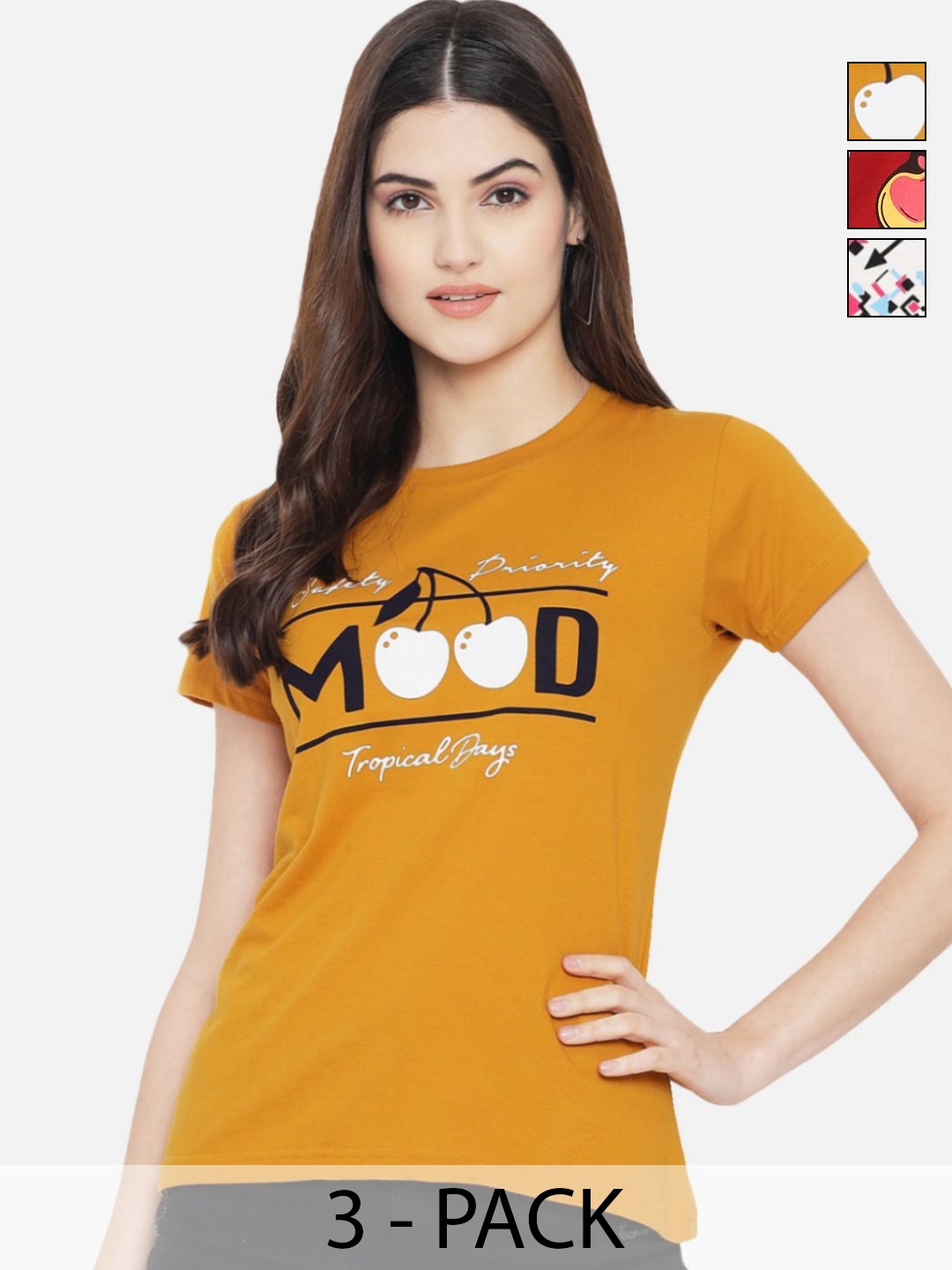 

Dreambe Pack Of 3 Typography Printed Round Neck Cotton T-shirts, Yellow