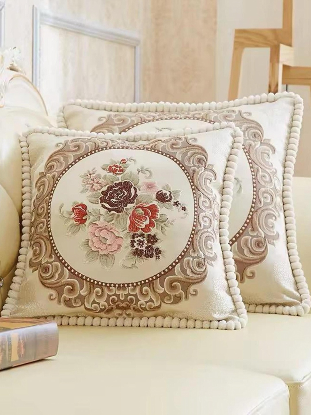 

MONKDECOR Cream-Coloured & Brown Set of 2 Floral Embroidered Square Cushion Covers