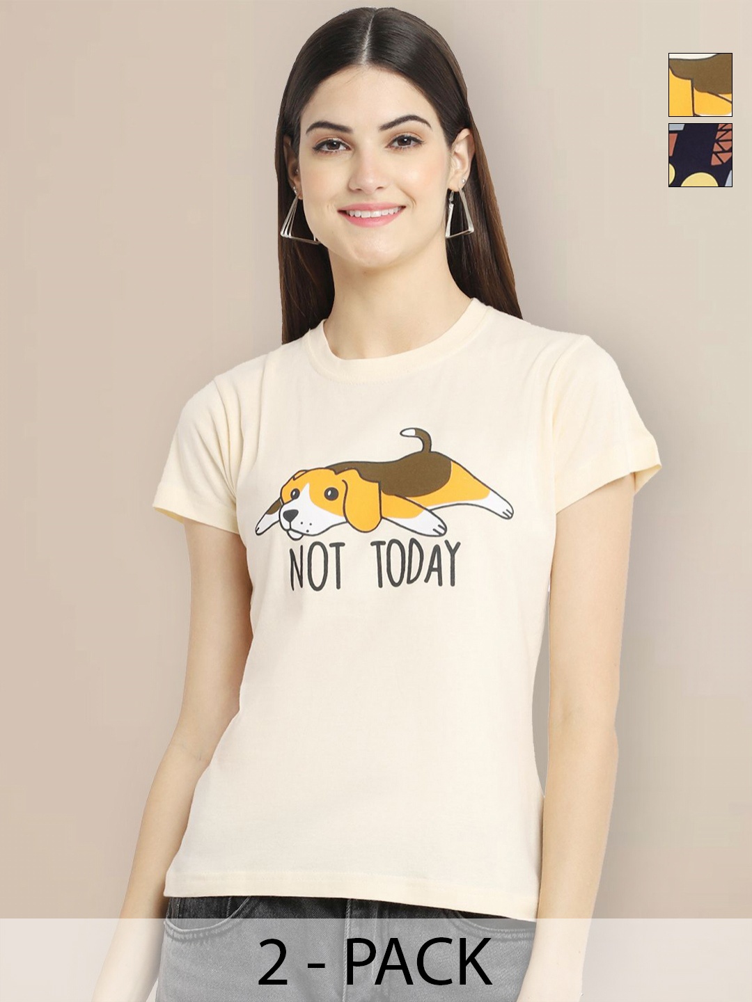 

GLOBAL NOMAD Women Pack of 2 Graphic Printed Round Neck Cotton T-shirts, Cream
