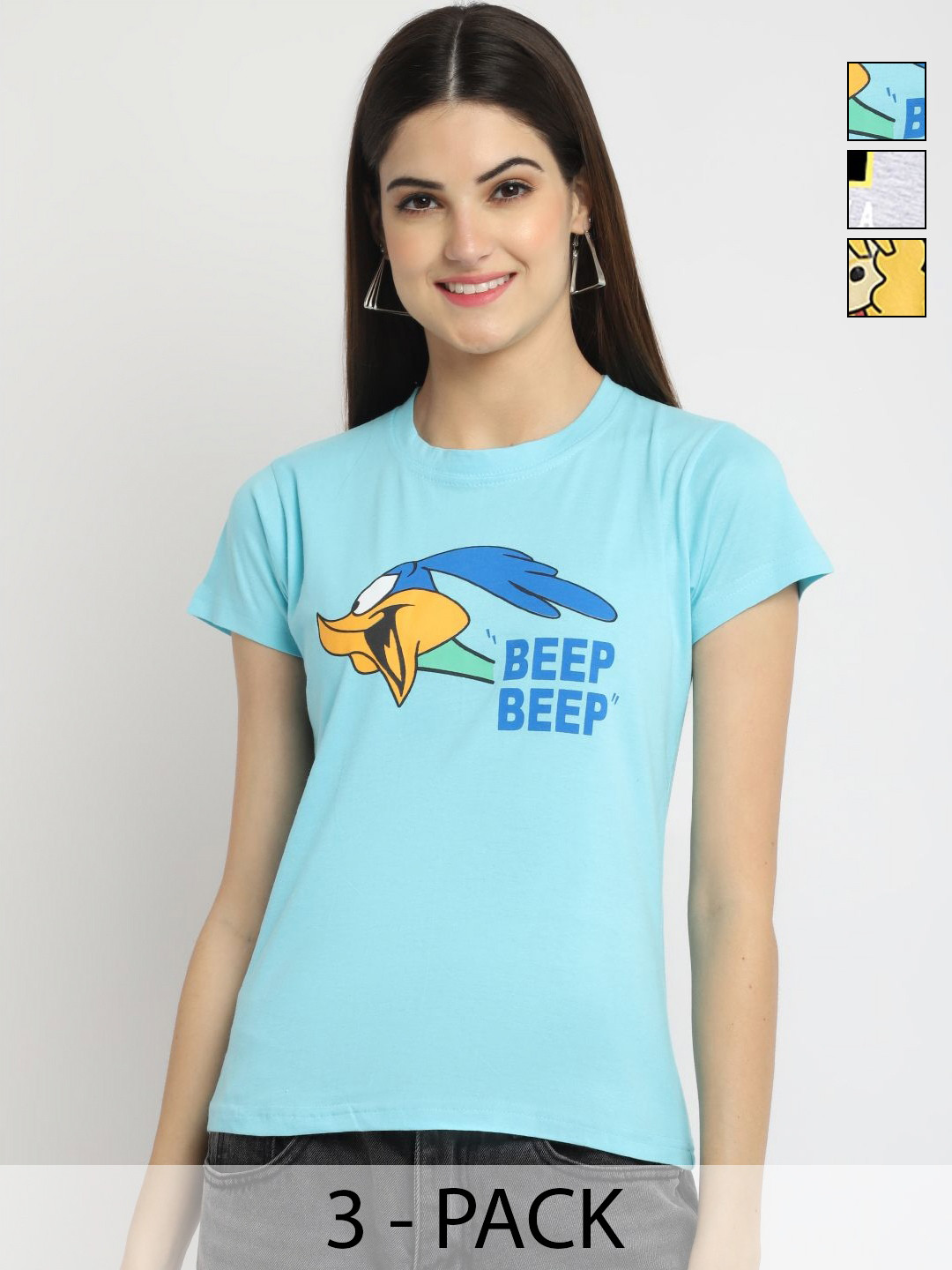 

Dreambe Women Pack of 3 Looney Tunes Graphic Printed Round Neck Cotton T-shirts, Blue