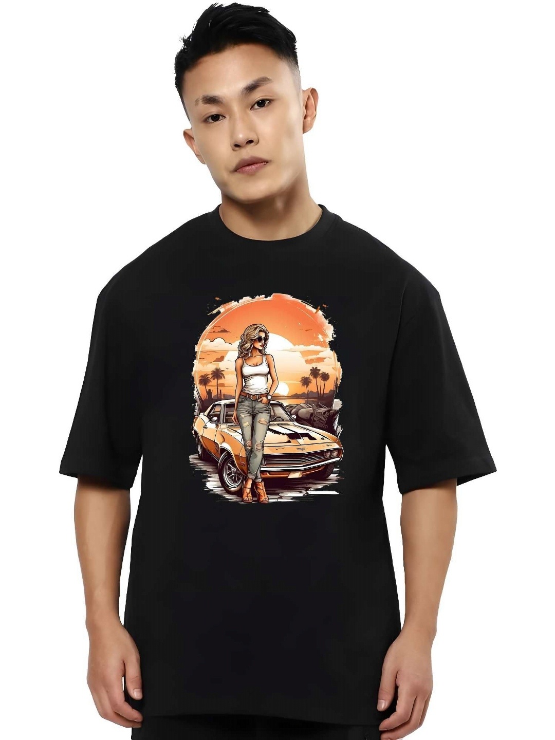 

THE BEETEL HOUSE Men Graphic Printed Round Neck Cotton Oversized Longline T-shirt, Black