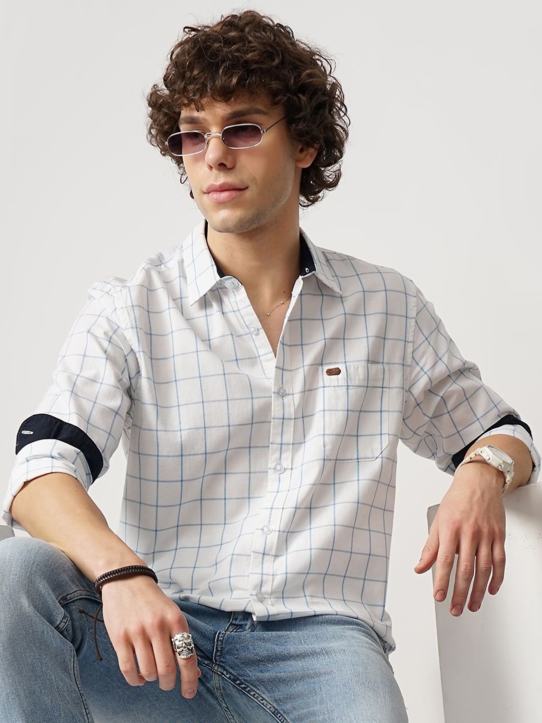 

Genoa Men Classic Slim Fit Windowpane Checks Opaque Checked Casual Shirt, White