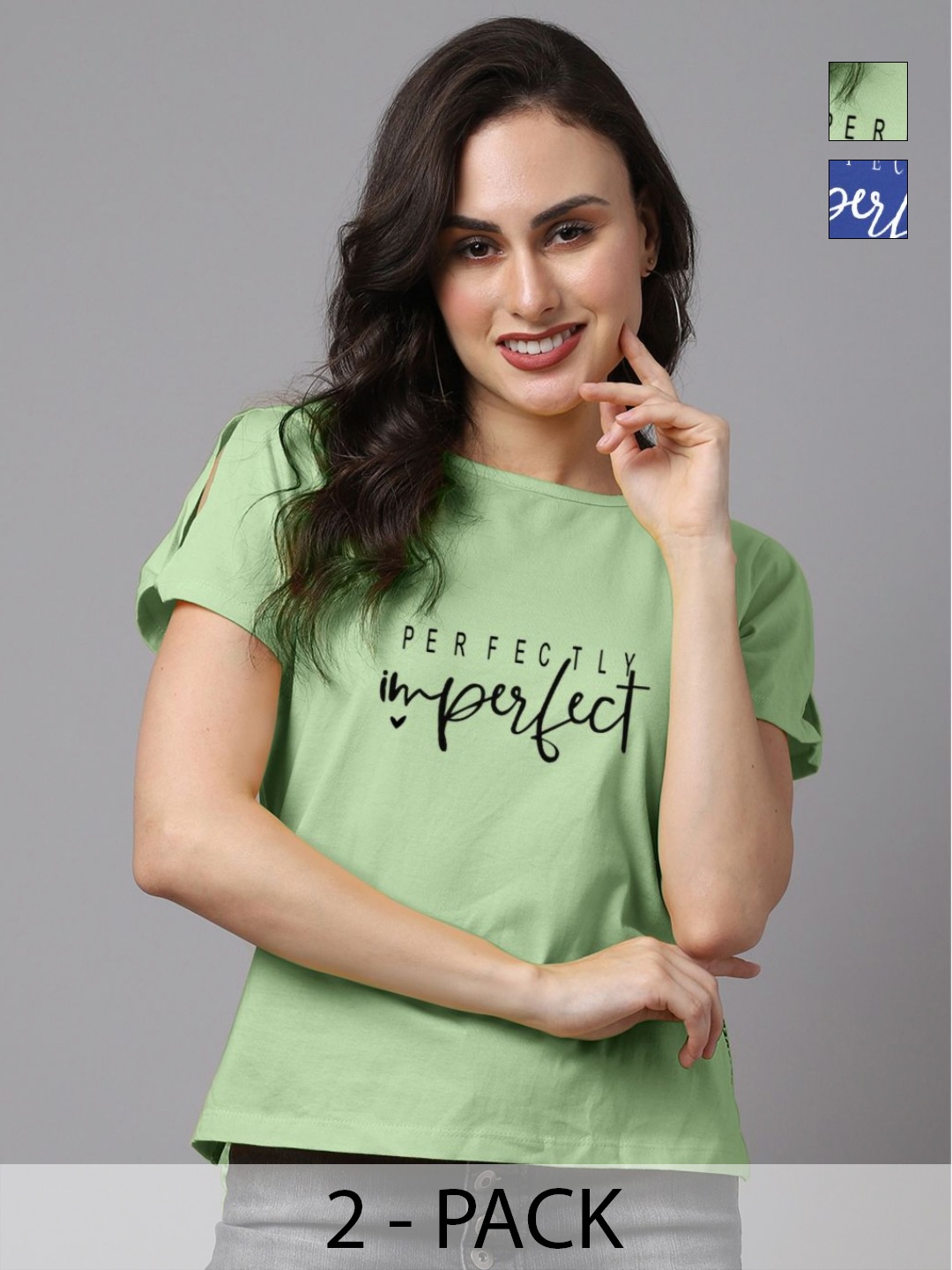 

Friskers Women Pack of 2 Typography Printed Round Neck Cotton T-shirts, Sea green