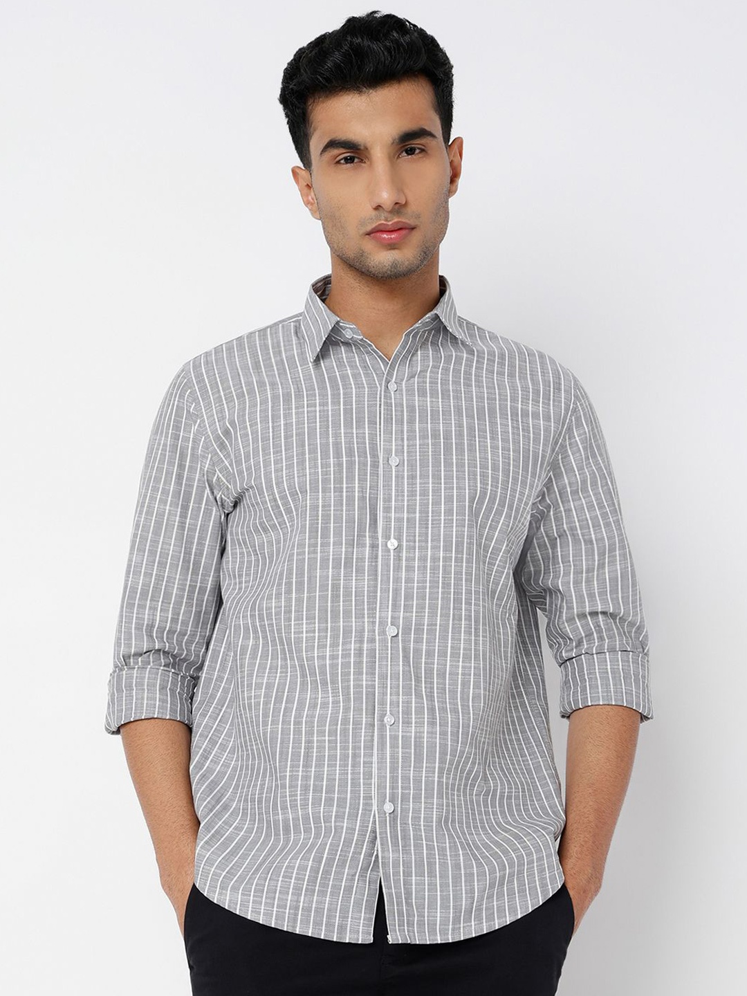 

MARK & ALBERT Men India Slim Fit Slim Collar Vertical Striped Casual Shirt, Grey