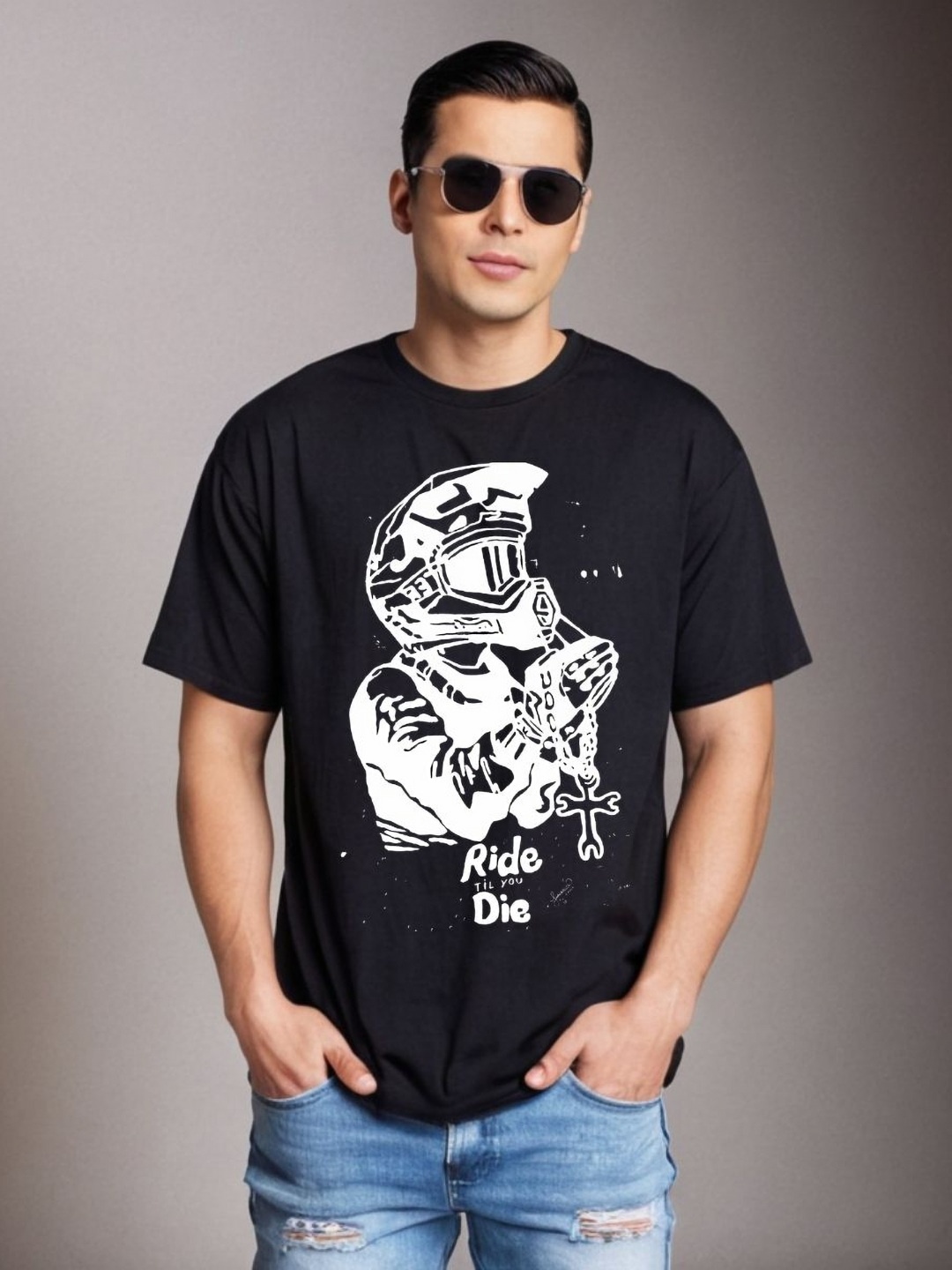 

Be Crazy Men Graphic Printed Round Neck Cotton Oversized T-shirt, Navy blue