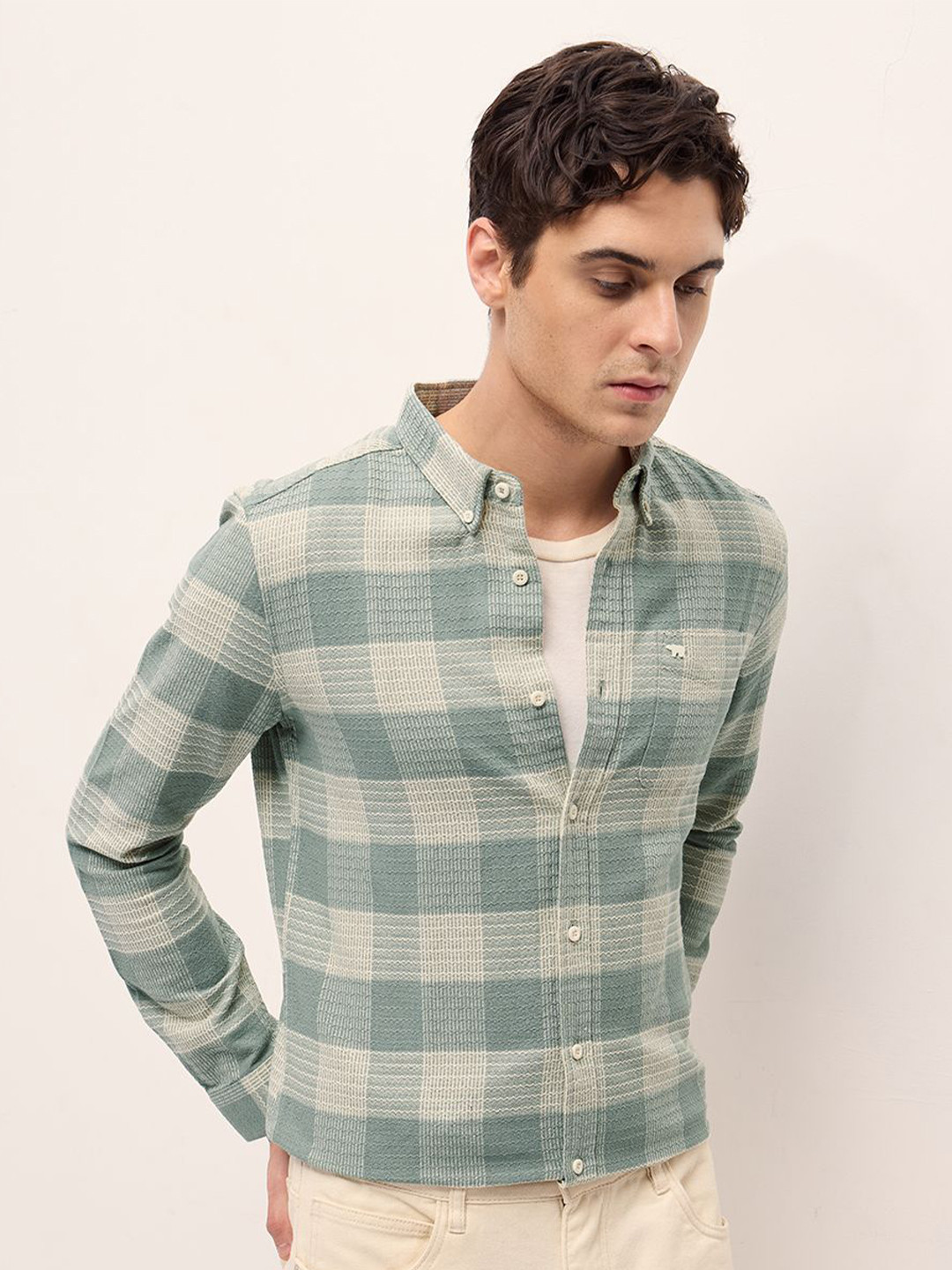 

THE BEAR HOUSE Men Slim Fit Button-Down Collar Checked Cotton Casual Shirt, Green