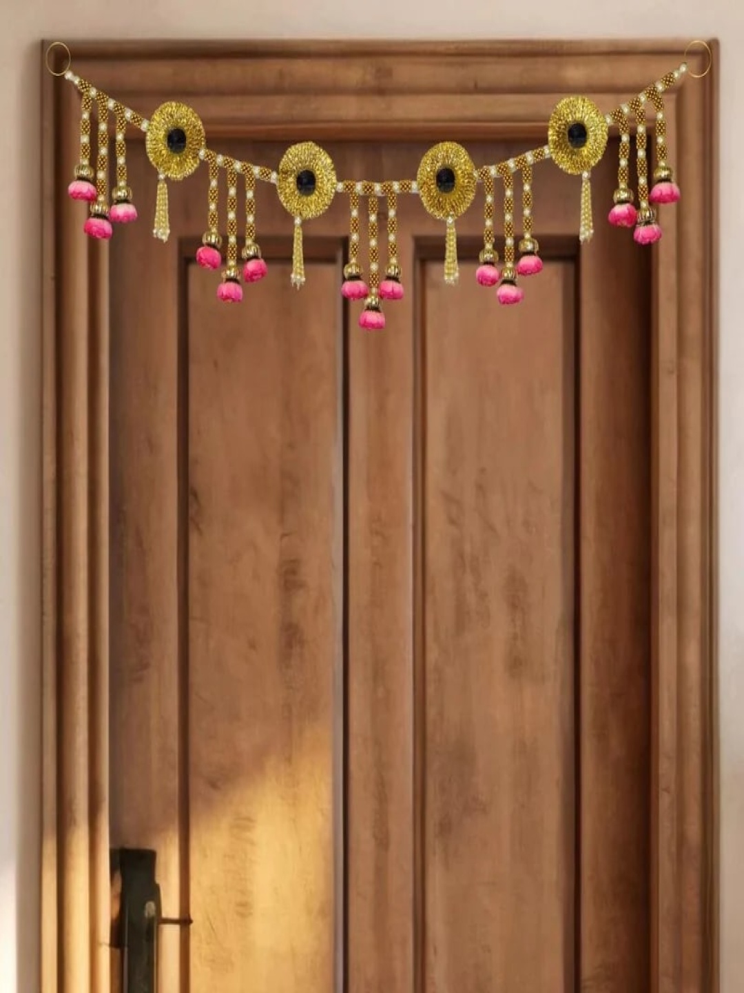 

THE HOME CO. Pink & Yellow Flower Hanging Toran With Gota Mirror