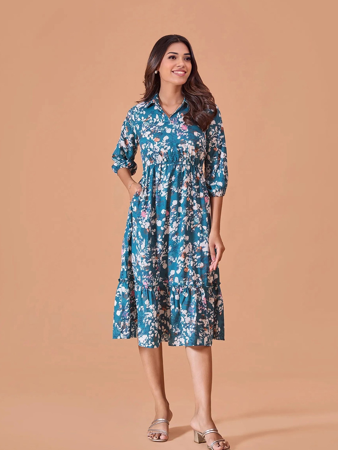 

all about you Floral Print Puff Sleeves Cotton Fit & Flare Midi Dress, Blue