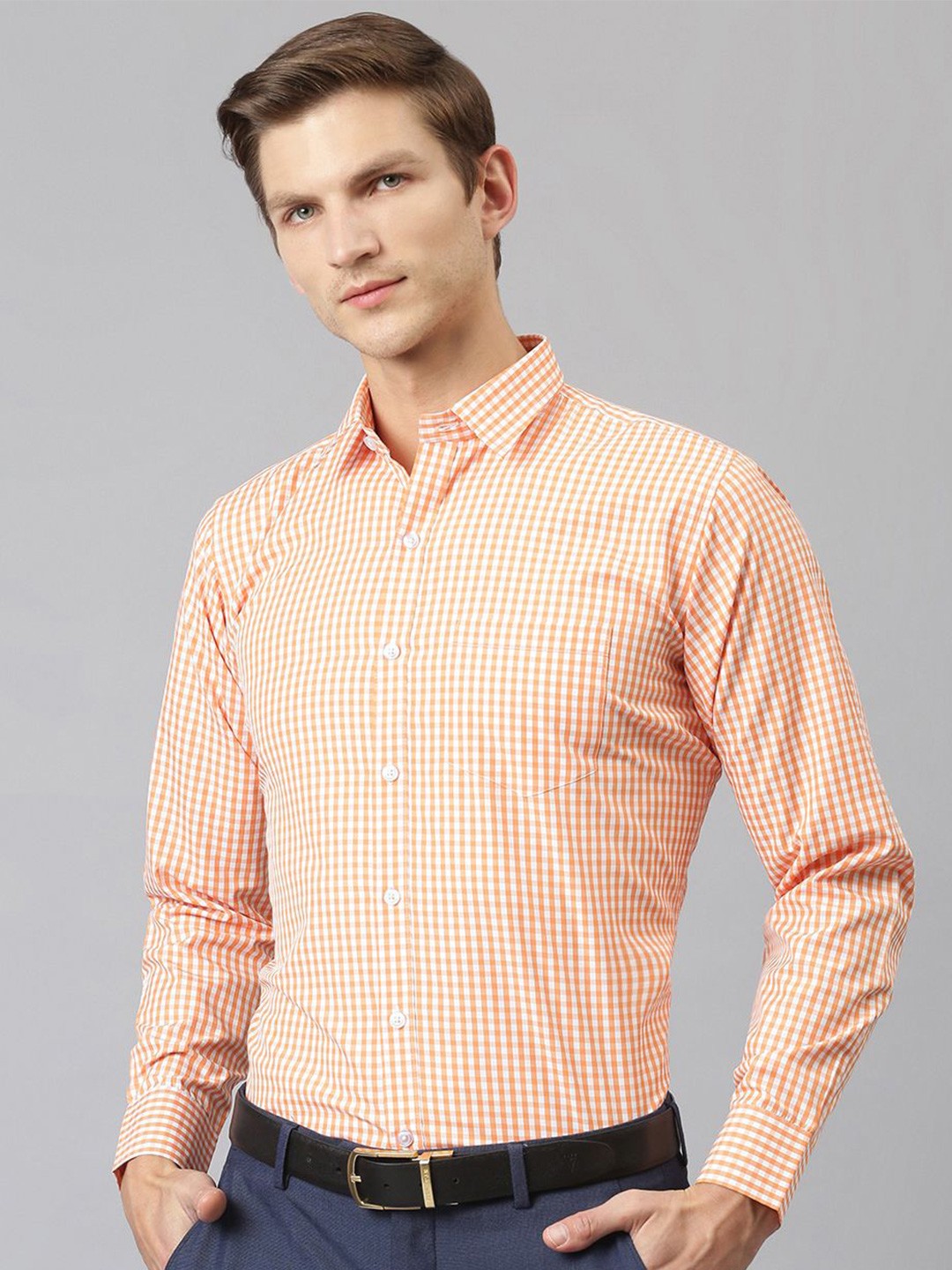 

ACCOX Men Comfort Regular Fit Spread Collar Gingham Checked Cotton Formal Shirt, Orange