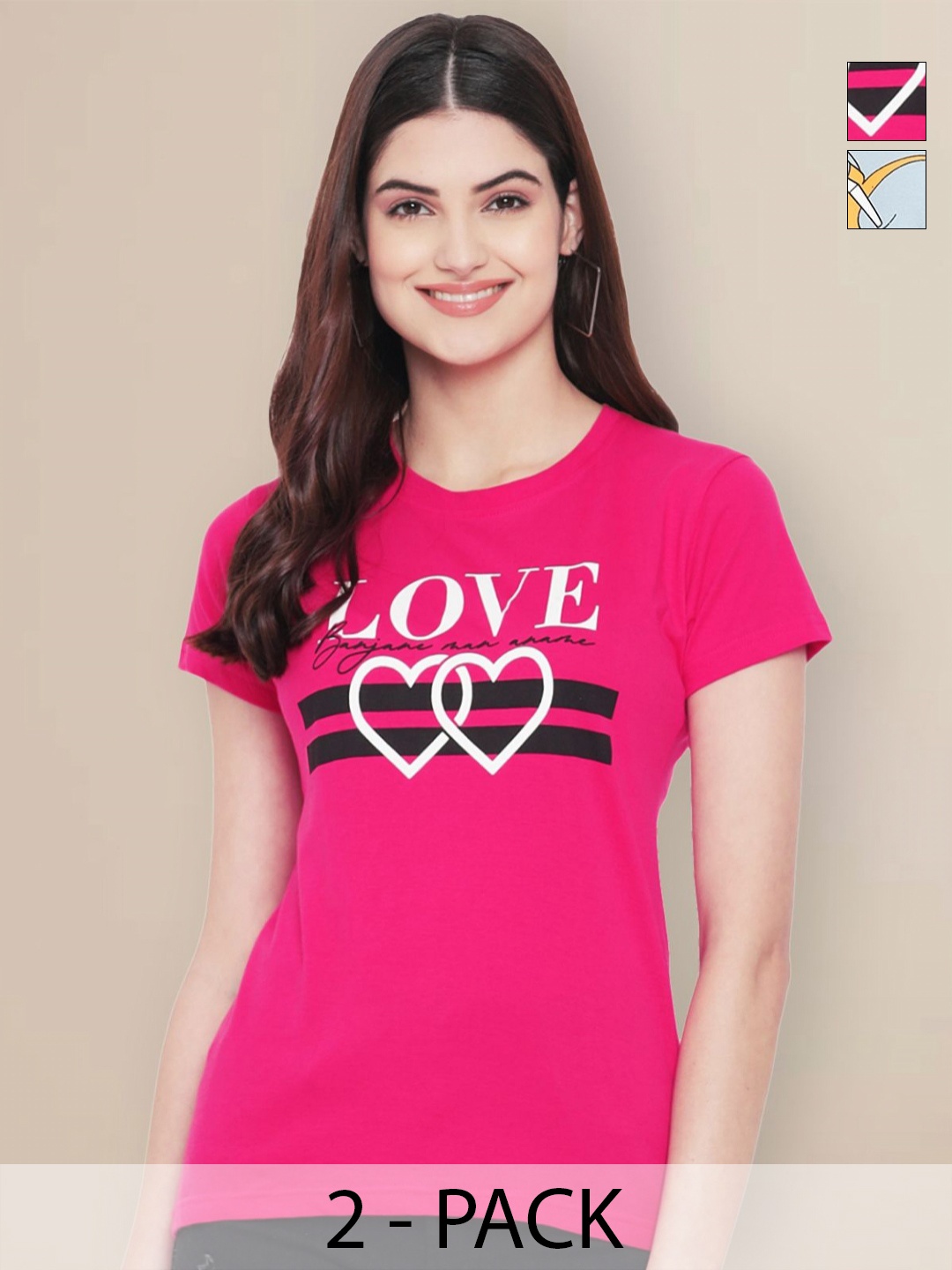

GLOBAL NOMAD Women Pack of 2 Tom & Jerry Typography Printed Round Neck Cotton T-shirts, Fuchsia