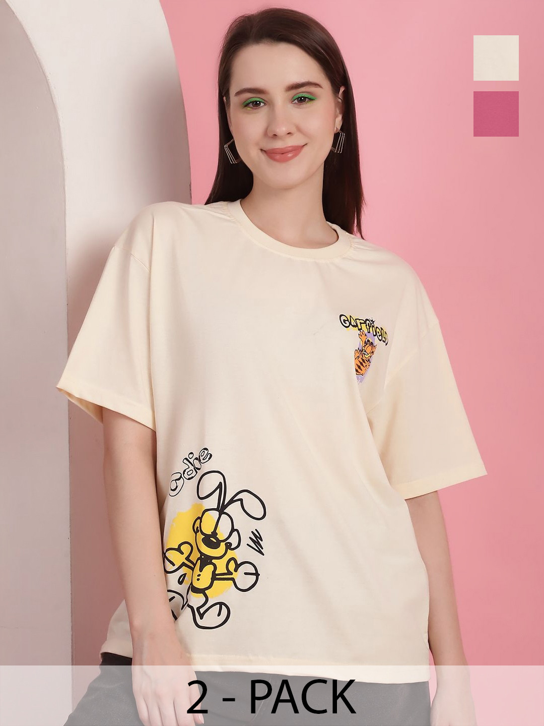 

GLOBAL NOMAD Women Pack Of 2 Garfield Graphic Printed Round Neck Cotton Oversized T-shirts, Cream