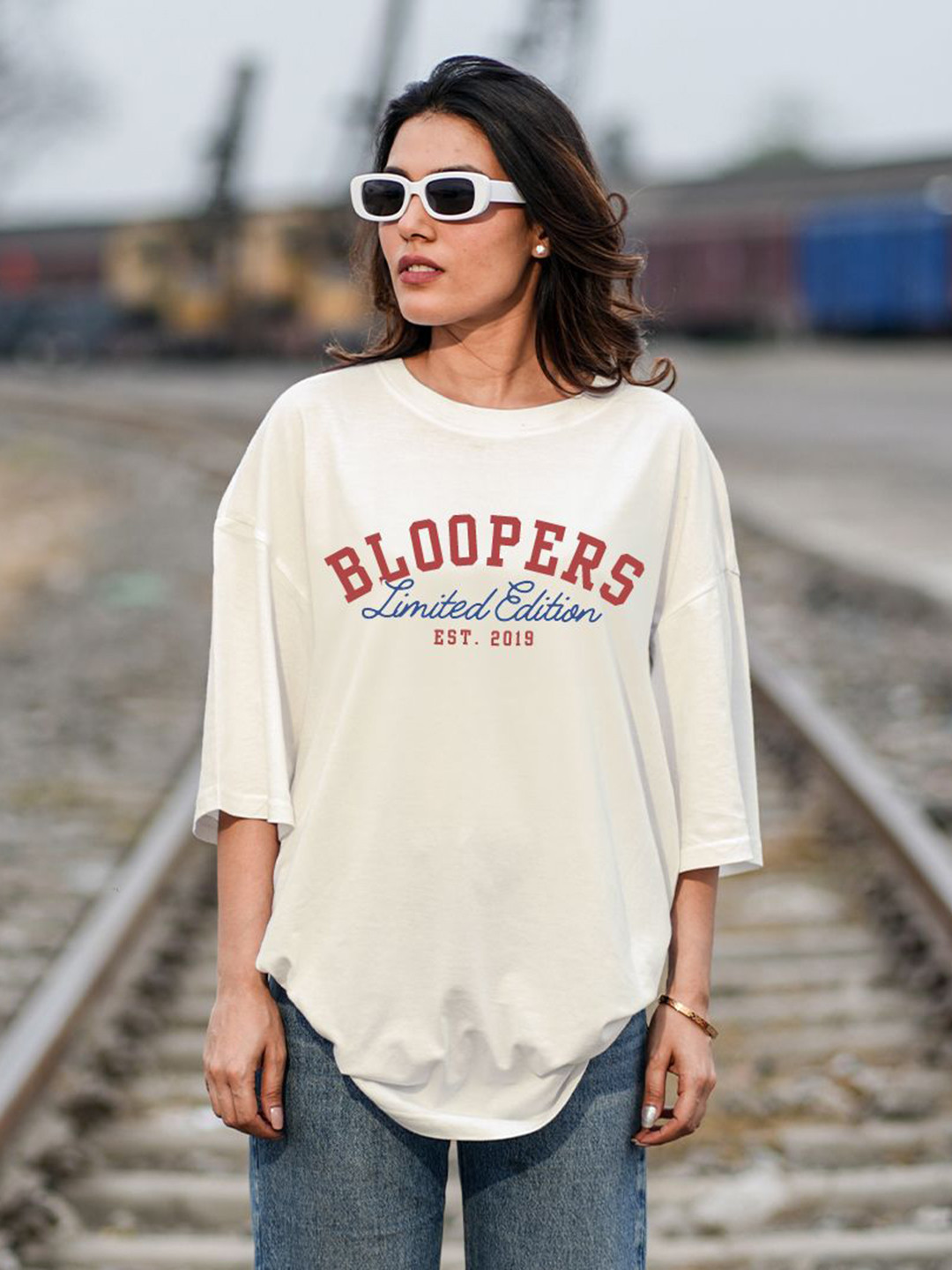 

Bloopers Store Women Typography Printed Round Neck Cotton Oversized T-shirt, Off white