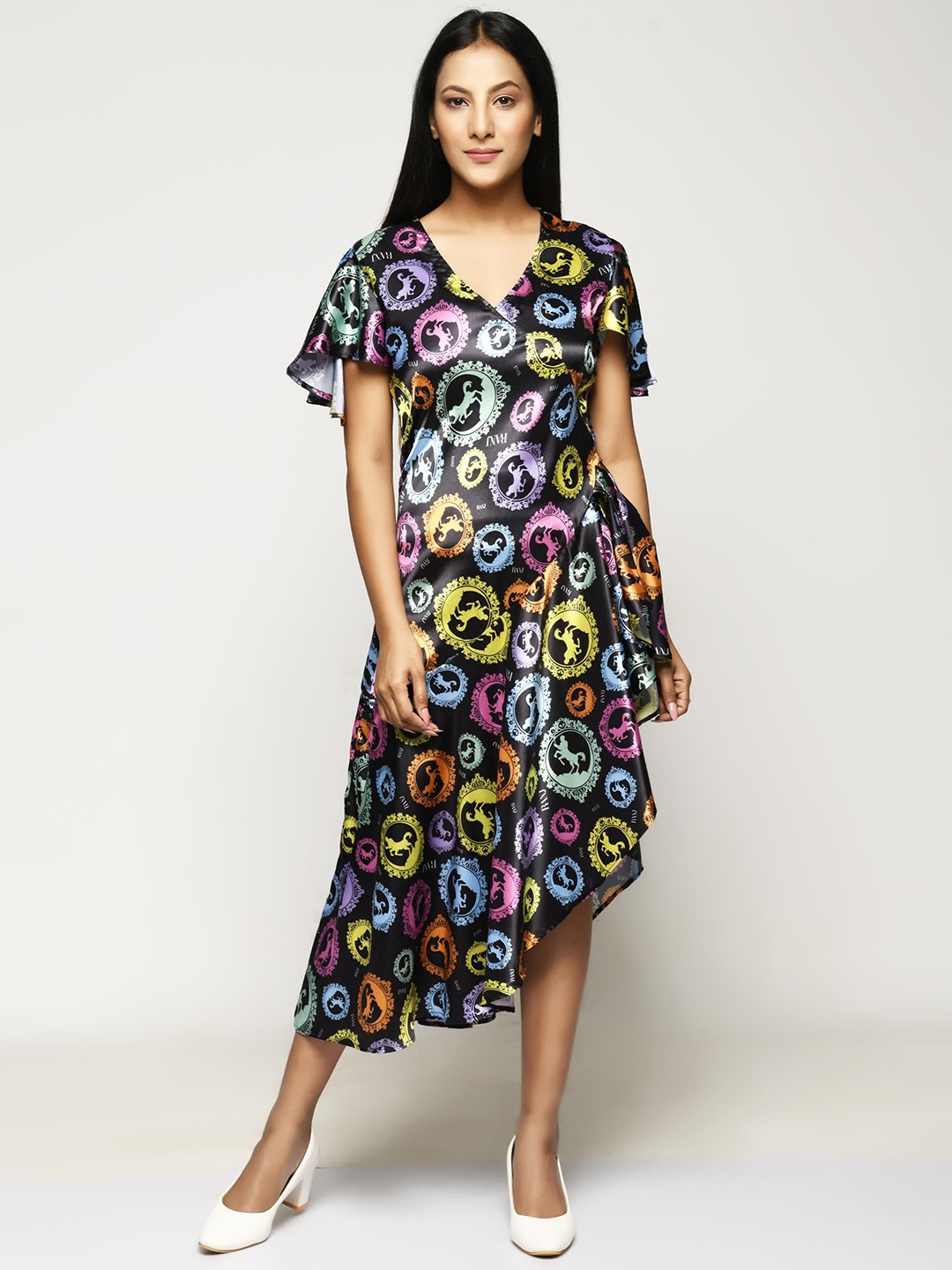 

RANJ Ethnic Women Butterfly Sleeve V-Neck With Asymmetrical Flounce Hem Dress, Black