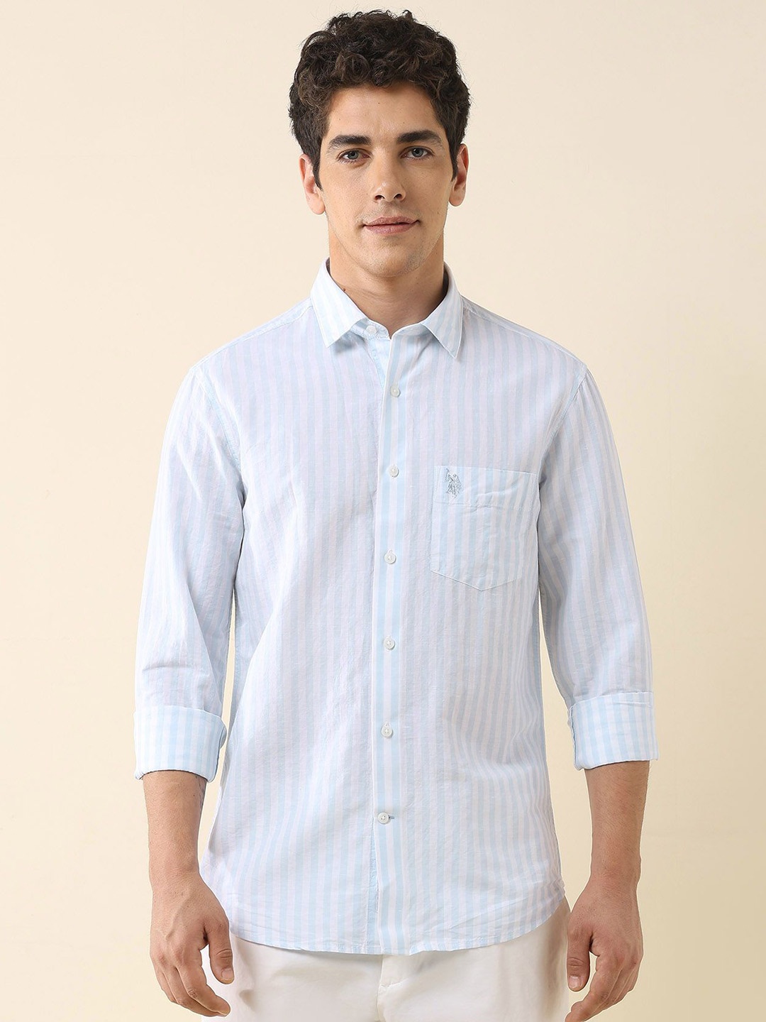 

U.S. Polo Assn. Men Classic Tailored Fit Vertical Striped Cotton Casual Shirt, Blue