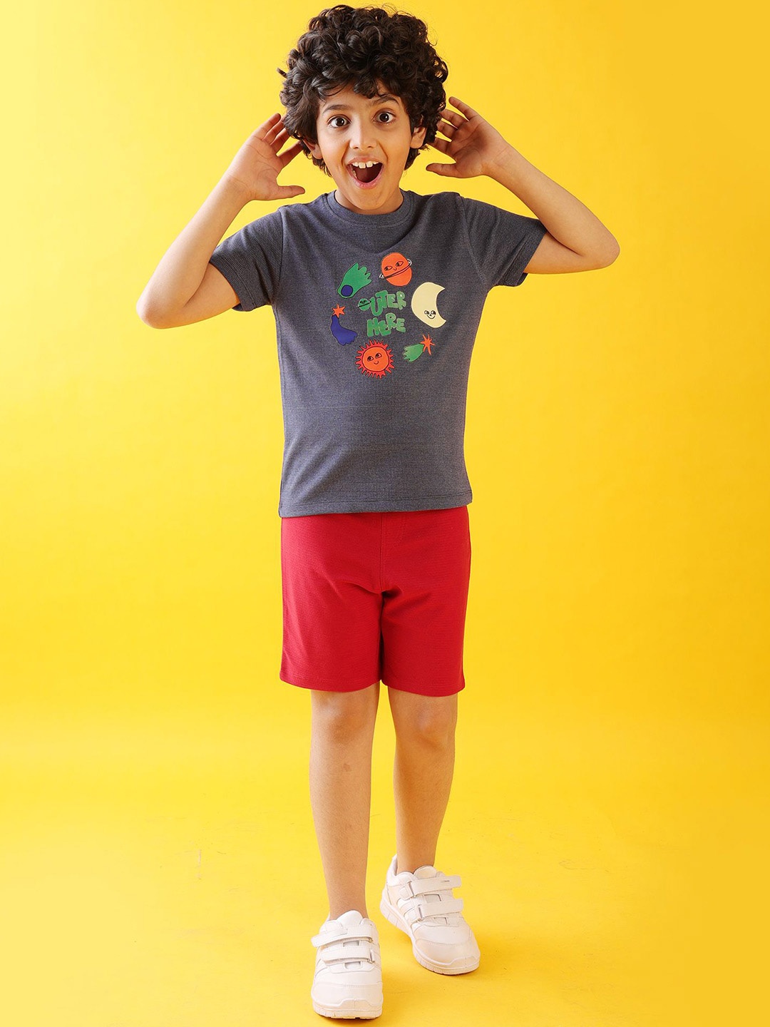 

Anthrilo Boys Outer Space Printed Round Neck Pure Cotton T-shirt With Shorts, Blue