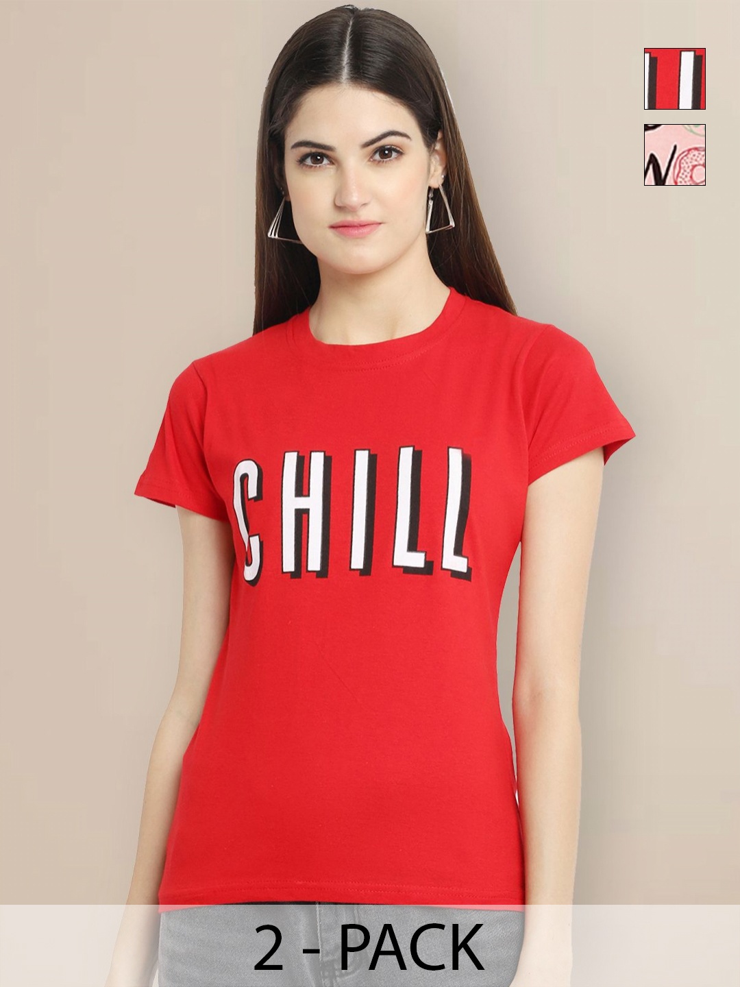 

GLOBAL NOMAD Women Pack of 2 Typography Printed Round Neck Cotton T-shirts, Red
