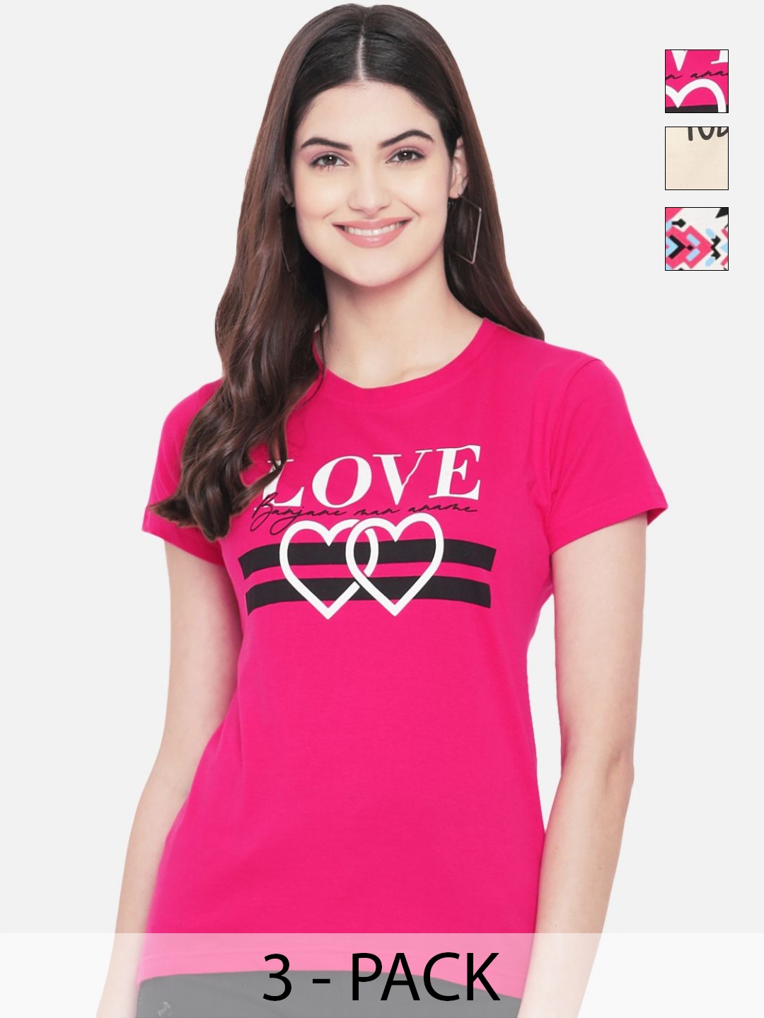 

Dreambe Women Pack of 3 Typography Printed Round Neck Cotton T-shirts, Fuchsia