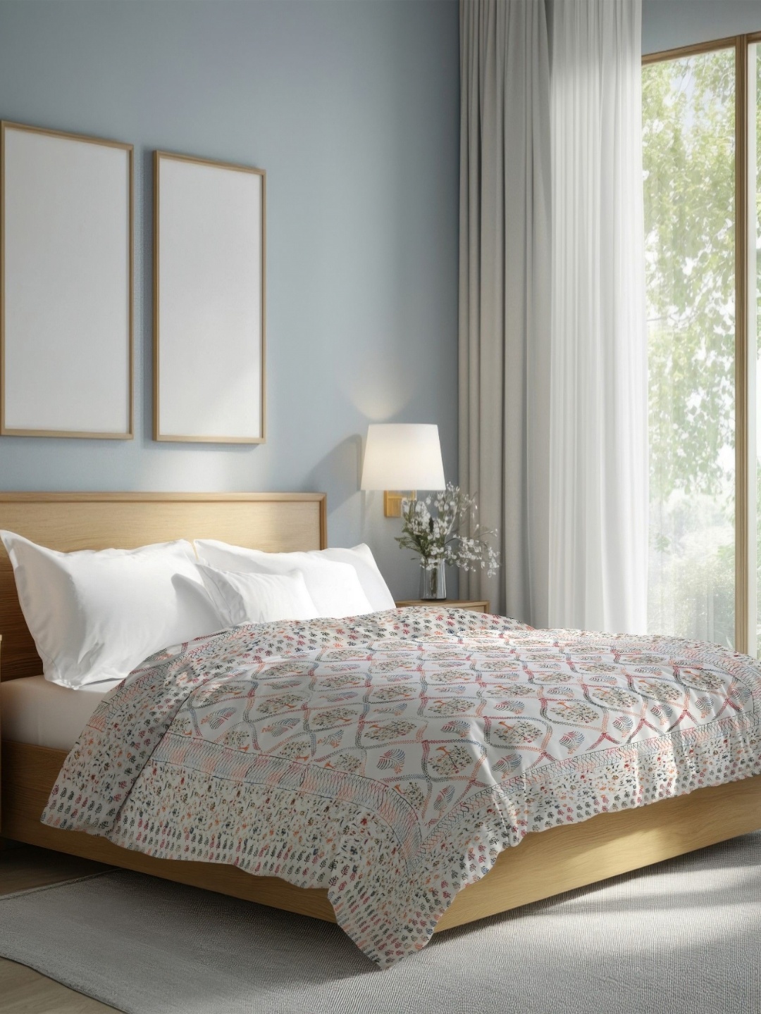 

The Rajwadi Feather Light White Ethnic Motifs Pure Cotton 90 GSM AC Room Double Bed Quilt