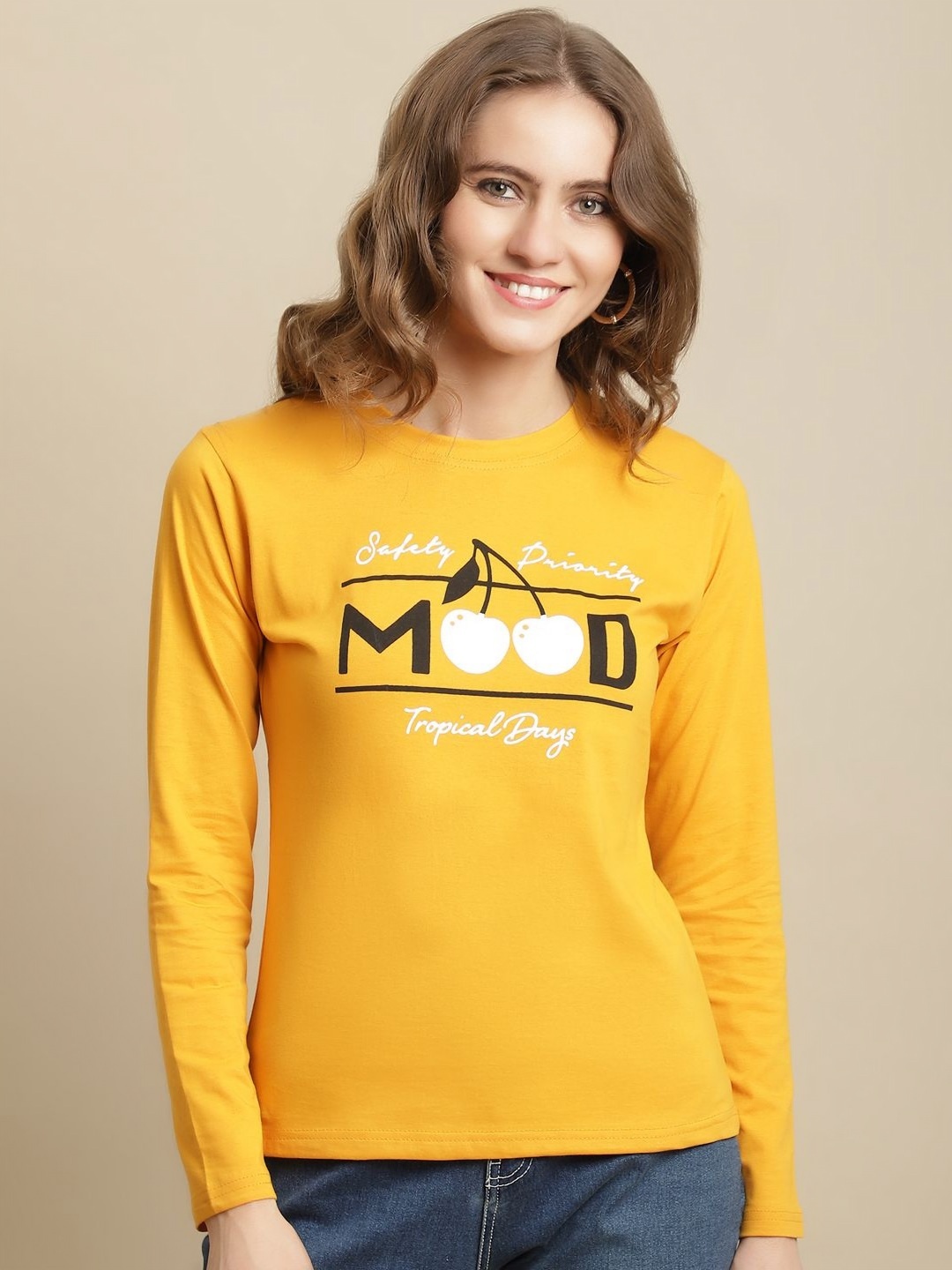 

Dreambe Women Typography Printed Round Neck Cotton T-shirt, Yellow