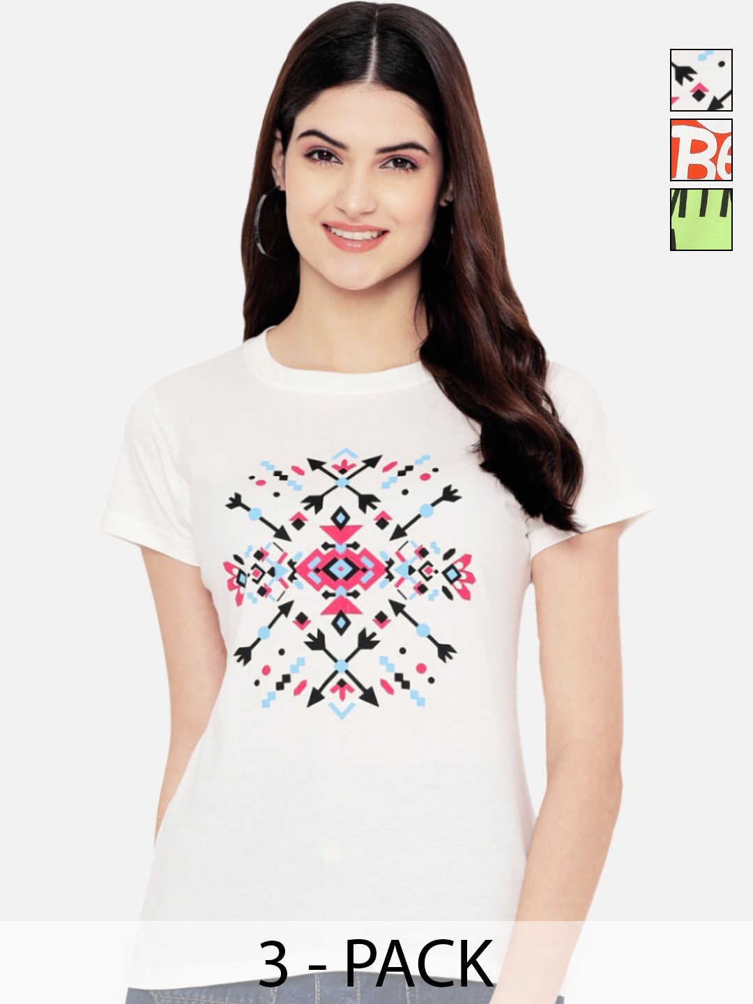 

Dreambe Women Pack of 3 Typography Printed Round Neck Cotton T-shirts, White