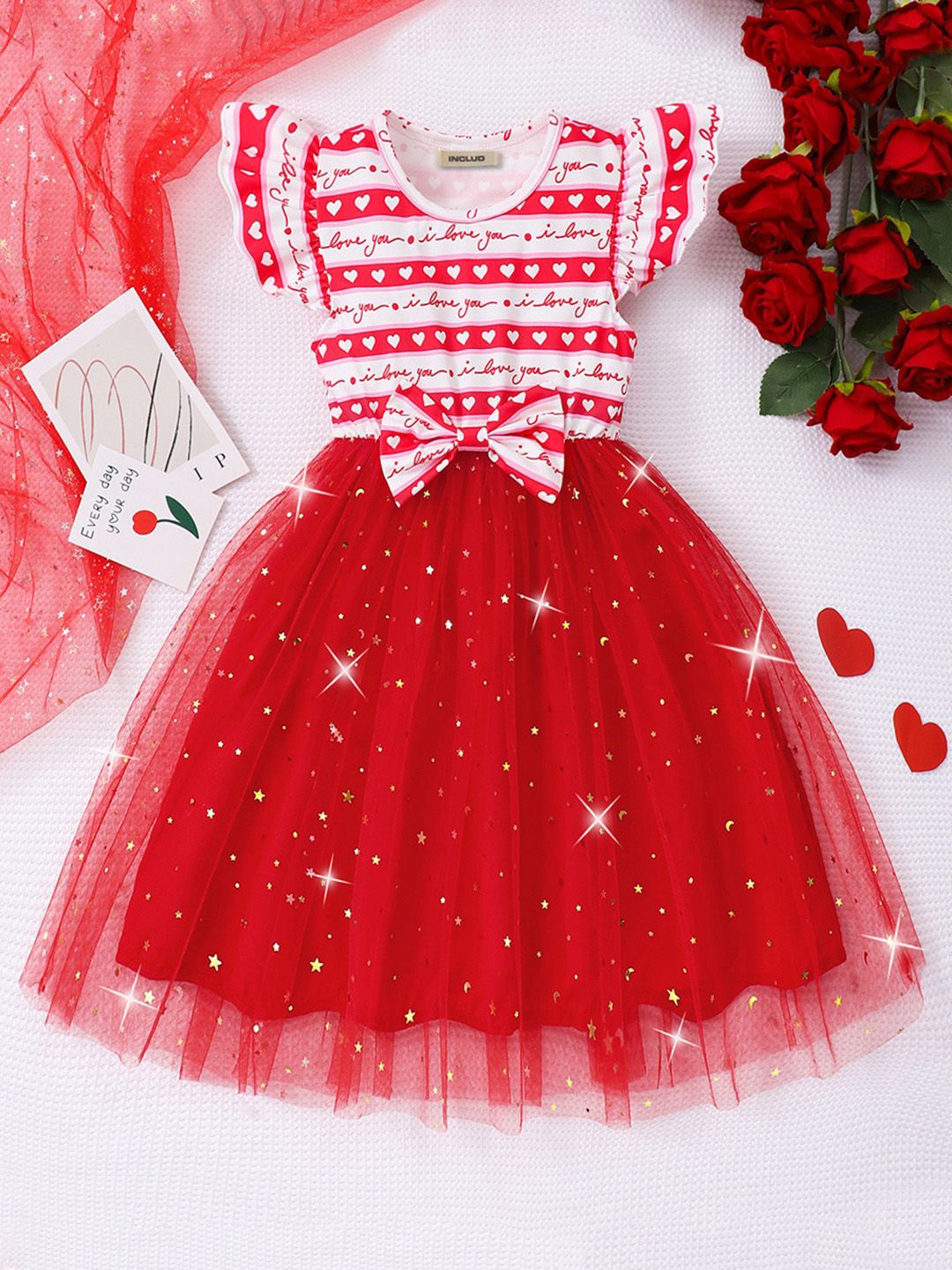 

INCLUD Girl Graphic Heart Print Flutter Sleeve Bow Tulle Fit & Flare Dress, Red