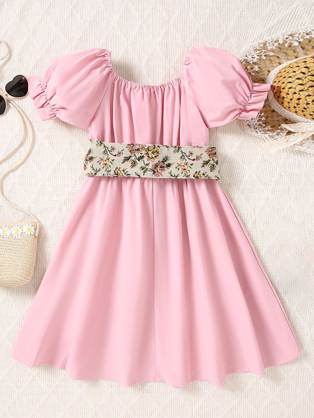 

INCLUD Girls Puff Sleeve Fit & Flare Dress, Pink
